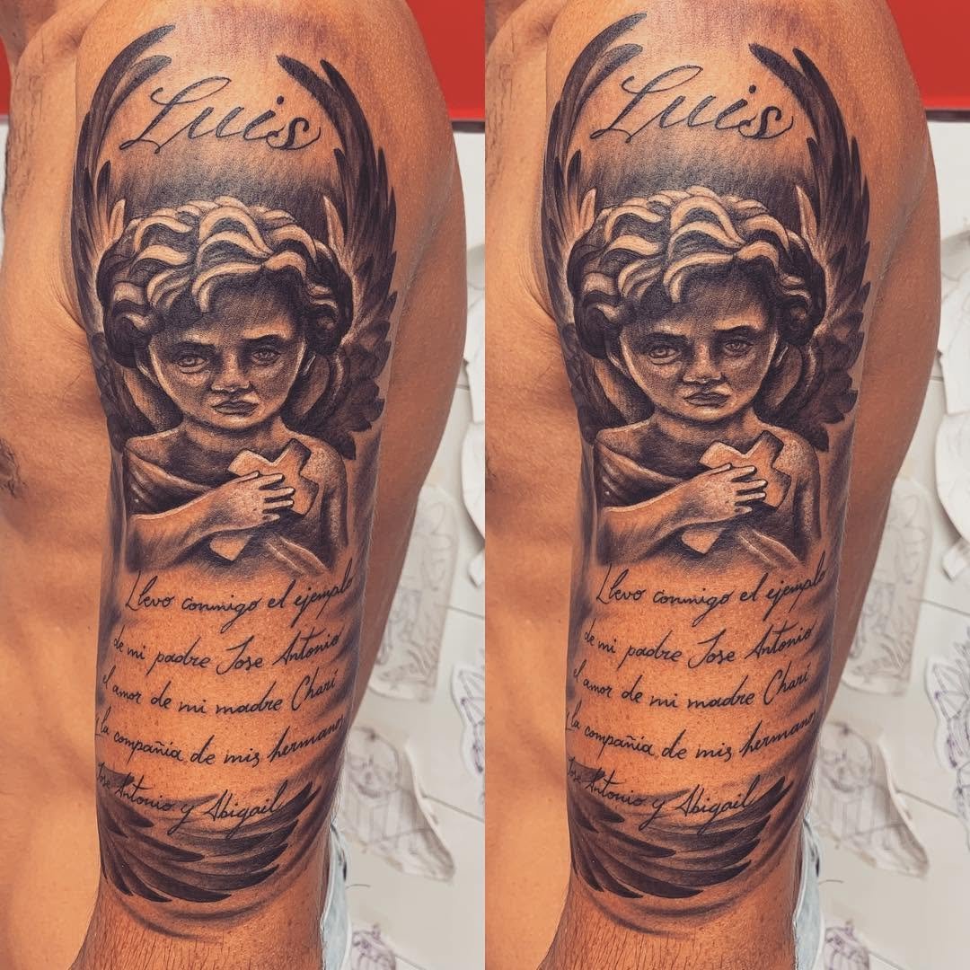 Ángel con cruz y texto lettering martink_tattoo blackandwhite blackandgrey angellettering bnginksociety doshermanas doshermanastattoo edisttattbtsvqsevillasevillatattooaloetattoo