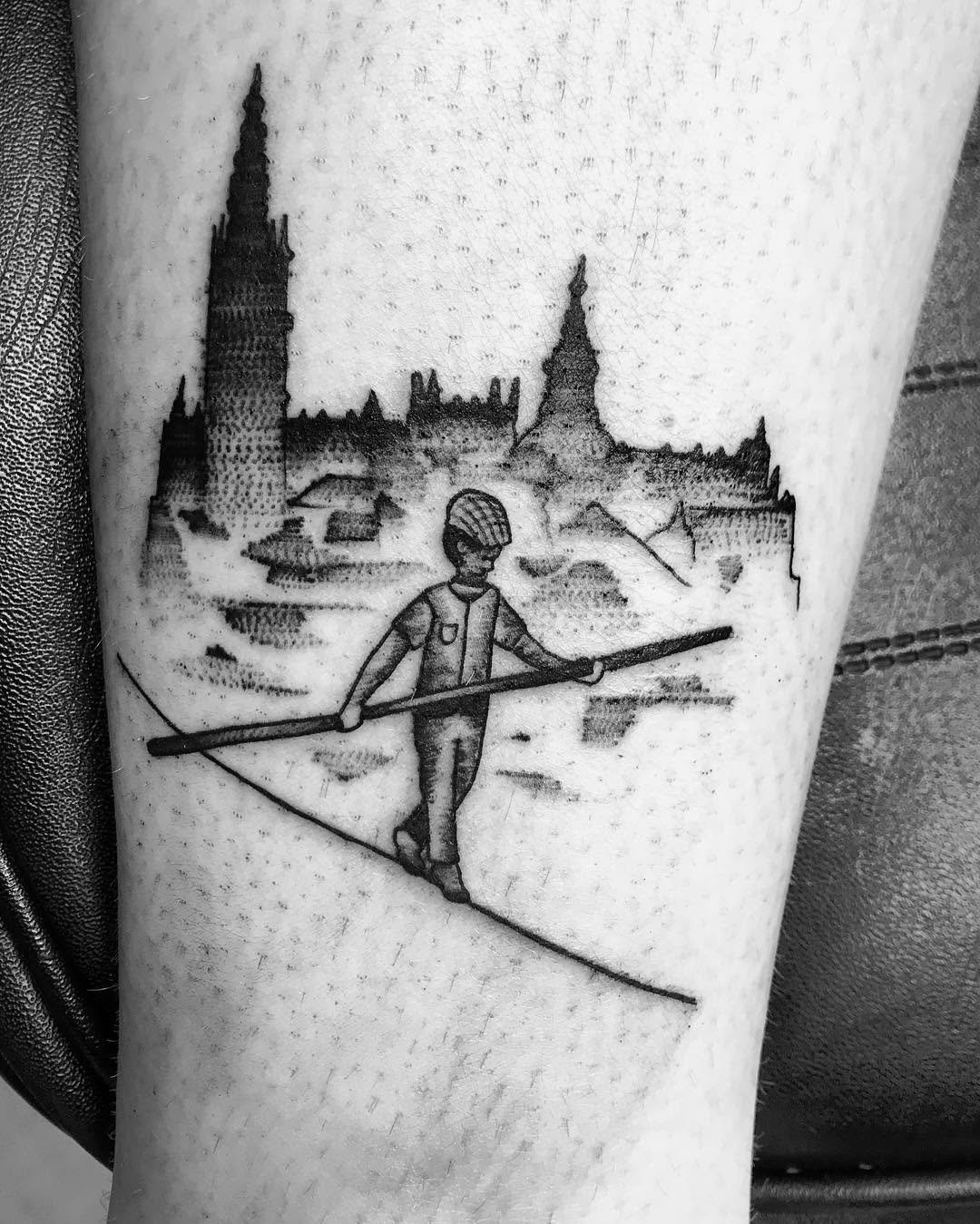 Equilibrismos,Sevilla. equilibrio equilibrista sevilla skyline citybnginksociety design drawingoeddonebyme blackandgreytattoo blacktattoomartink_tattoo littletattoocuerdafloja trapecista