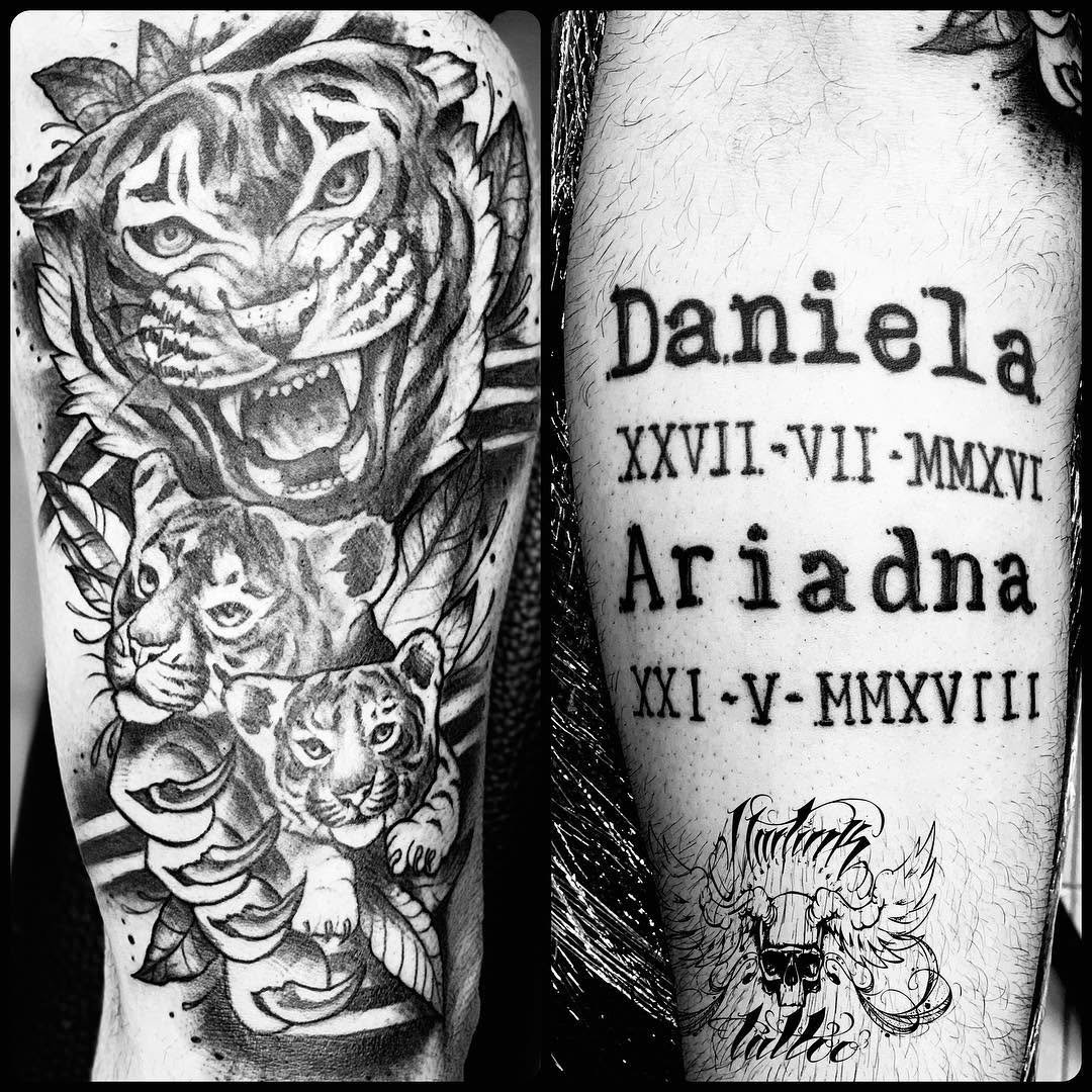 Familia con leones y tigres junto nombres y fechas en romano. family familialettering tigerblackandgrey blackandwhite blackandgreytattoo edpicoftheday instatattoosevillasevillatattoodoshermanas doshermanastattoo tatsskindoneististasetigrestigertattoo martink_tattoo