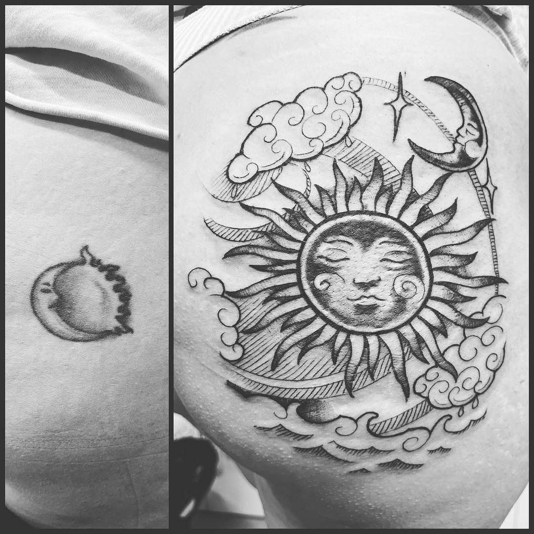 Tatuaje profesional en estudio MartinK Tattoo Cover up de una luna a un sol celestial