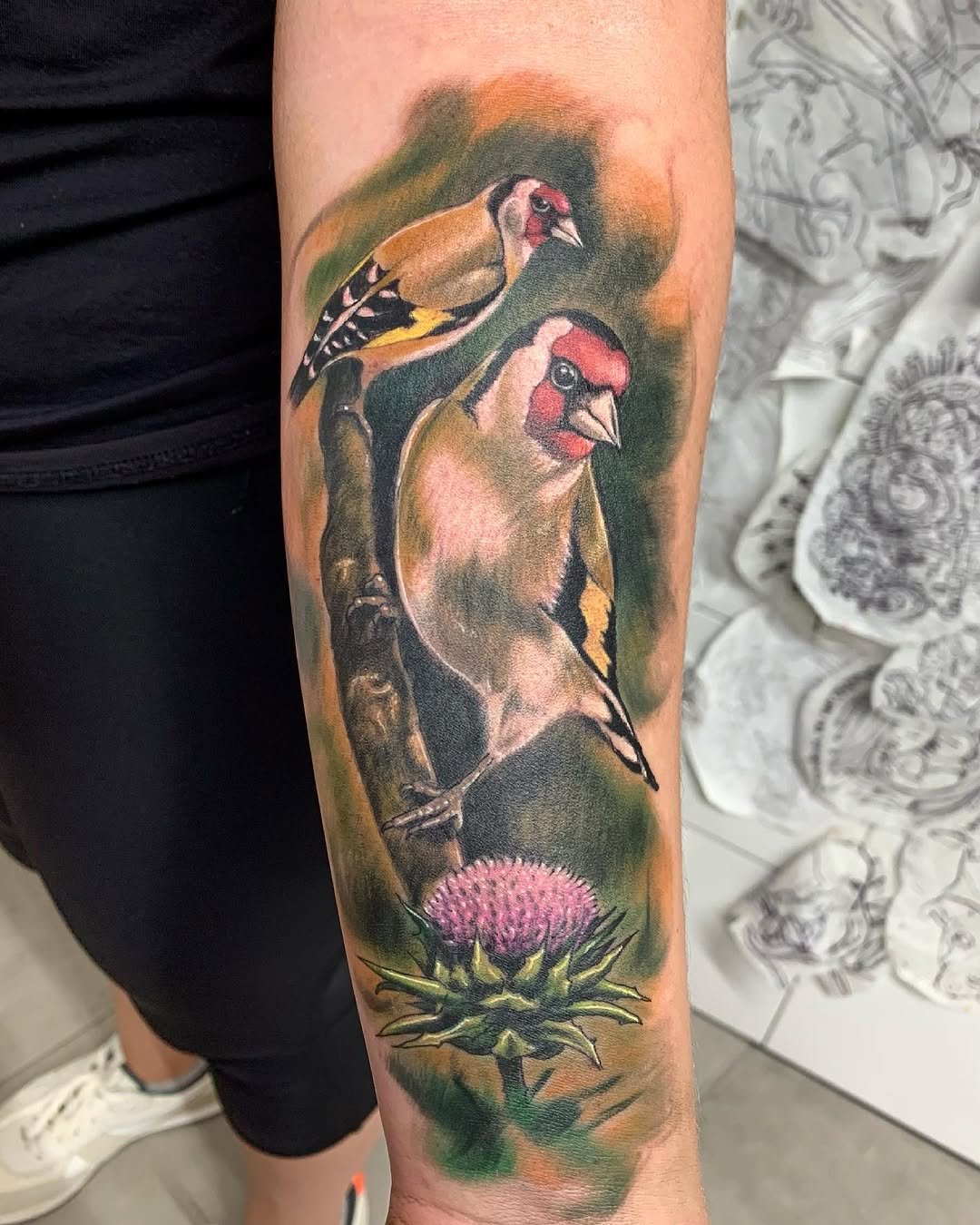 Tatuaje profesional en estudio MartinK Tattoo de los pájaros Jilgueros