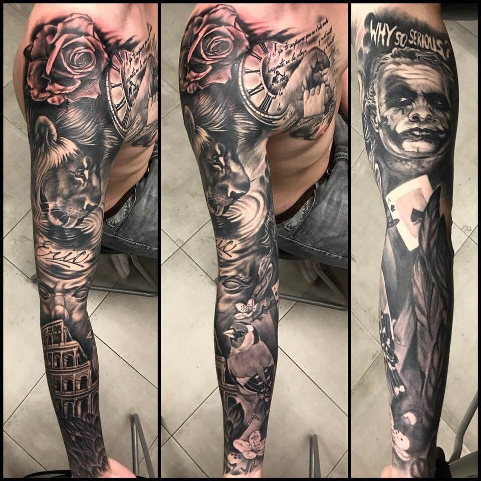 Why so serious? Manga sleevetattoo blackandgreytattoo ed ist ist doshermanas doshermanastattoo sevilla sevillatattoo alcalatattoo utrerautreratattoomarchenamairenadelaljarafe mairenadelalcor camassanjuandeaznalfarache coriadelrio Leon, rosa, carta, pájaro, jocker, león y coliseo.